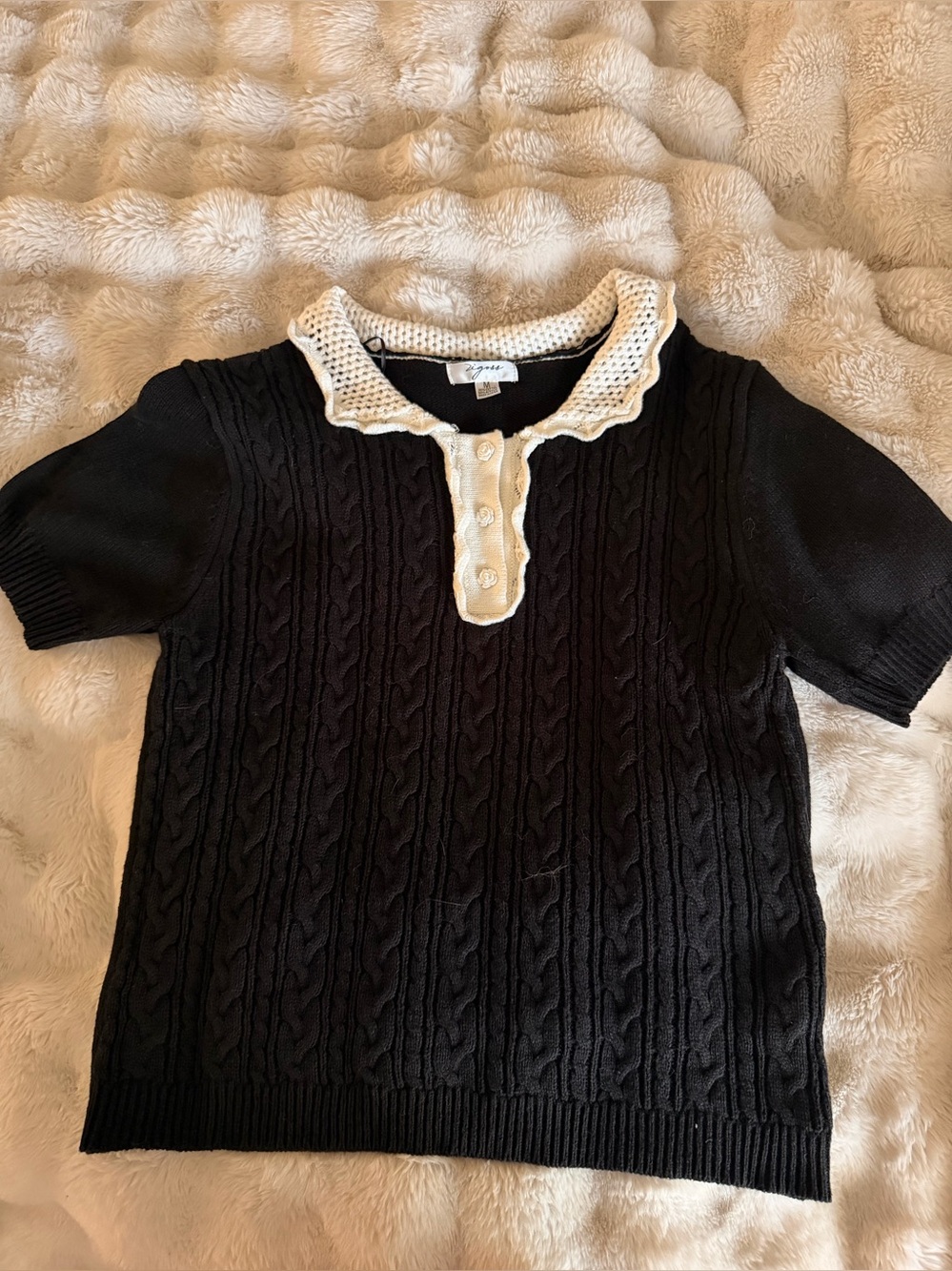 Women’s  Black cable Knit Polo Top with Cream Crochet Collar